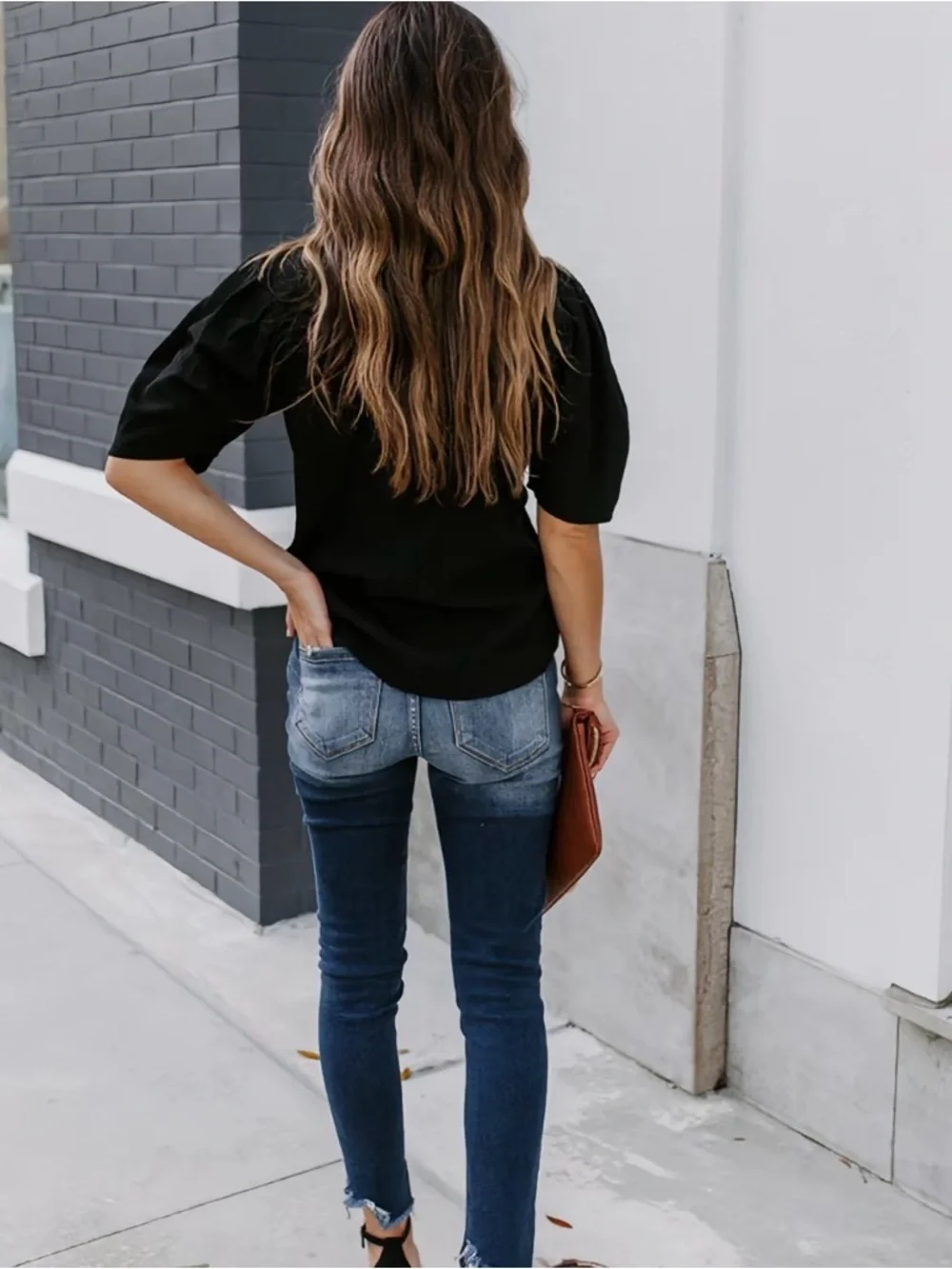 Black Puff Sleeve Women’s Top - Elegant Everyday Tee - Picture 3 of 6